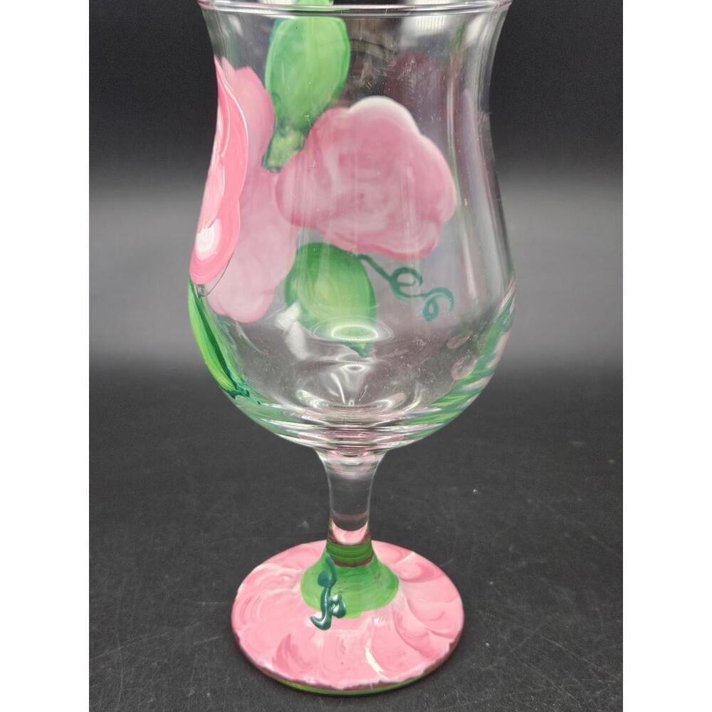 Set of 2 Vintage Hand Painted Pink Floral Wine Glasses Tulip Flared Rim 6.5" - Picture 10 of 15